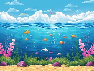 Wall Mural - A colorful underwater scene with a variety of fish swimming around. Scene is lively and vibrant, with the fish and plants creating a sense of movement and energy
