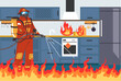Fireman in fire house inside interior concept. Vector flat graphic design illustration