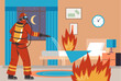 Fireman in fire house inside interior concept. Vector flat graphic design illustration