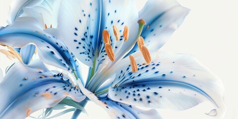 Wall Mural - Flower, A stunning sky blue lily adorned with dewdrops on a pristine white background, Close-up of a vibrant blue lily flower with delicate water droplets