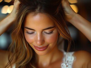 Sticker - A woman with long brown hair and a smile on her face. She is wearing a white tank top and has her hair in a ponytail