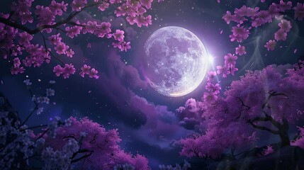 a beautiful full moon night behind a grove of cherry blossom trees. seamless looping time-lapse virt