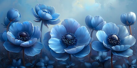 Poster - Blue poppy flowers background. 3d illustration