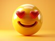 A yellow emoji with red hearts on its eyes and a smiling mouth. The emoji is happy and playful