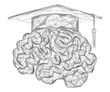 Brain in an academic hat. Polygonal drawing of lines and dots.