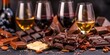 Decadent Chocolate Wine Flight featuring Red, White, and Dessert Wines. Concept Wine Tasting, Chocolate Pairing, Gourmet Experience, Decadent Desserts, Tasting Flight