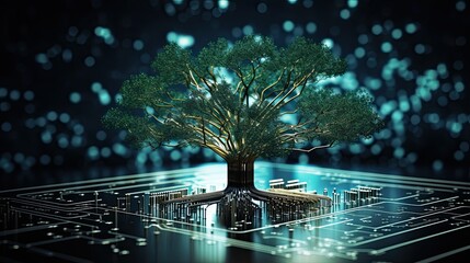 Poster - Futuristic digital tree with integrated circuit patterns as branches, symbolic of technology in harmony with nature