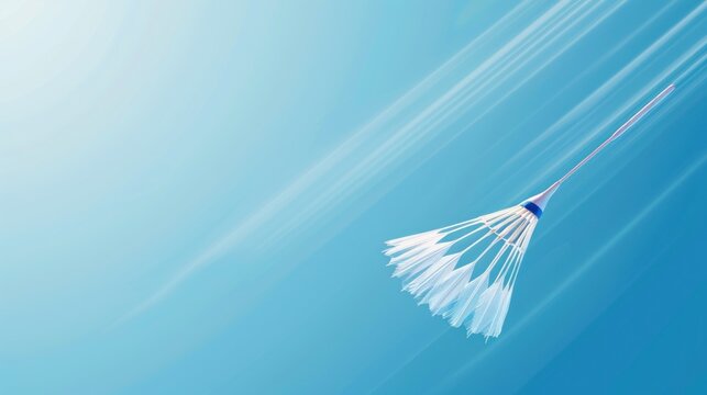 Badminton shuttlecock flying on blue background .