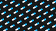 Many white blue capsules on black background, tablet grid. Drug, tablet, pills top flat view. 3d render illustration