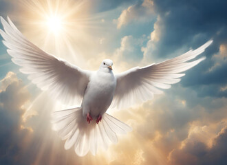 Holy spirit represented by a dove, White dove of peace with intense sun light flying on a blue sky holy spirit pentecost sunday