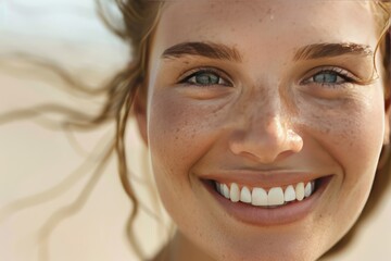 Wall Mural - A woman with blue eyes and red hair is smiling. She has a lot of freckles on her face