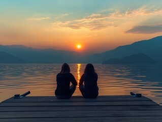 Poster - Two women sitting on a dock watching the sun set over the water