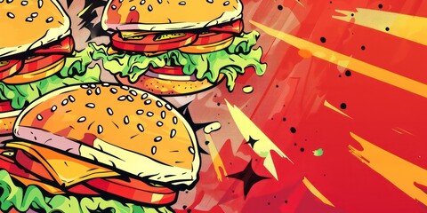 Wall Mural - A cheeseburger masterpiece, savory beef, gooey cheese, fresh lettuce, all nestled between two warm buns, a fast-food favorite