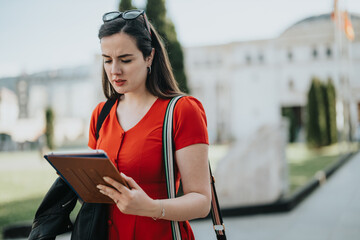 Wall Mural - A focused businesswoman in a red dress engages with her tablet while working outdoors in the city.