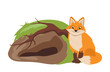 Cute red fox cartoon forest wild animal character living in burrow isolated vector illustration