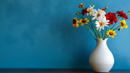 Wall Mural - Vibrant red and yellow flowers in a white vase on a table against a blue wall. Concept Floral Arrangement, Color Contrast, Home Decor, Interior Design, Flower Photography