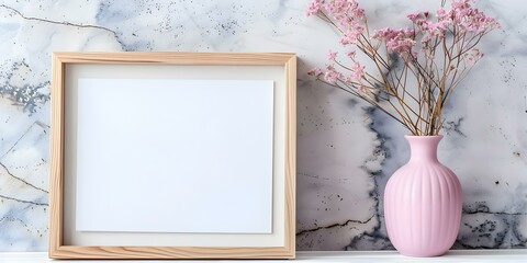 Wall Mural - Display of dried flowers in a pink vase on a white card within a wooden frame. Concept Dried Flowers, Pink Vase, White Card, Wooden Frame, Home Decor