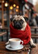 Cute Pug in Sweater, Sitting at Cafe Table with Cup of Coffee