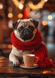 Cute Pug in Winter Scarf and Knitted Hat Sitting at Coffee Shop Table
