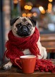Adorable Pug in Scarf and Coffee Cup, Perfect for Holiday Season Advertisement