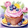 Cupcake with pink icing  and fruits