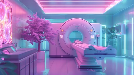 Wall Mural - A vibrant pastel background highlights an AI-assisted MRI machine in a modern hospital setting