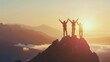 © Александер Подсадник - Together overcoming obstacles with three people holding hands up in the air on mountain top , celebrating success and achievements