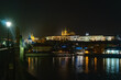 Amazing, scenic view to Lesser Town (Mala Strana), Prague Castle and Charles Bridge from the other side of Vltava river, illuminated by the city lights. Czech Republic