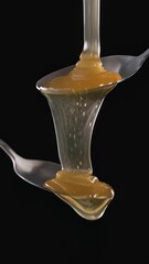 Wall Mural - Honey flowing from metal spoon on black background. Food close up, slow motion, vertical video 4K