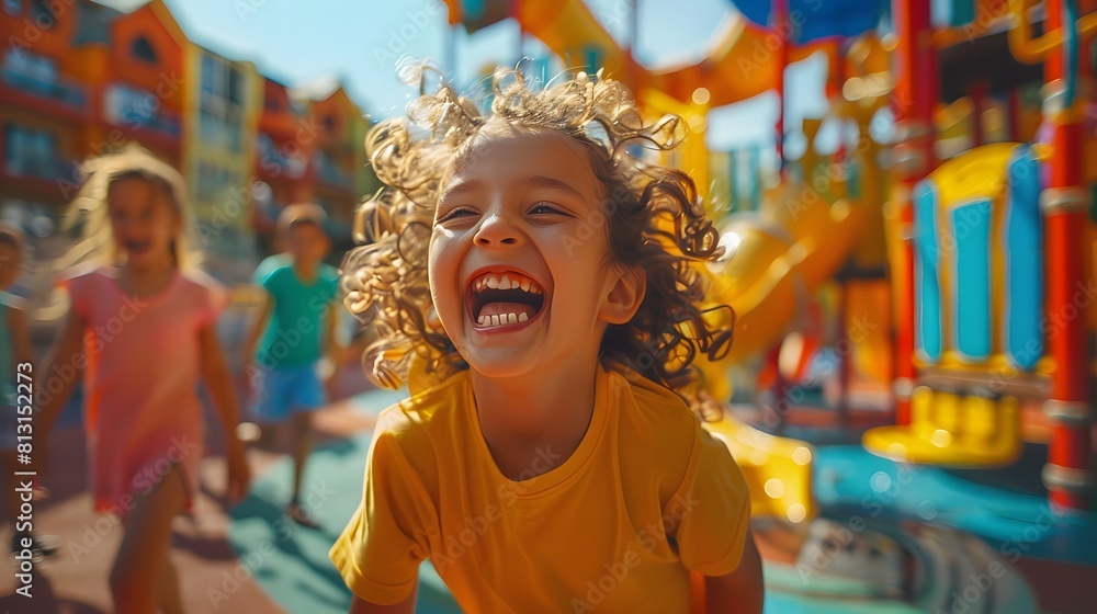 A group of children playing together in a colorful playground, laughing ...
