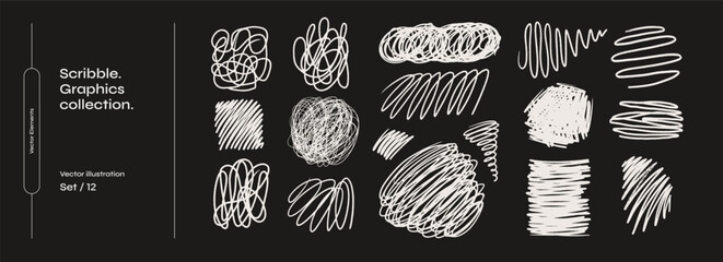 Fototapete - Set of drawn chaotic white lines and squiggles on a black background. Wavy lines and shaded spots. Sketches with pencil or marker in scribble style. Monochrome vector illustration.