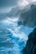 Drama of the Ocean: Awe-inspiring Landscape of Jagged Rocks, Wild Waves, and Misty Mountains