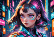 Cyberpunk anime style portrait of a futuristic young woman with vibrant cybernetic makeup and hair.
