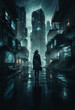 A lone figure stands on a rainy night in a dark, cyberpunk city of towering skyscrapers.