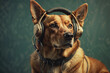 Dog wearing headphones, music lover pet, funny animal portrait. Shepherd listening to music. Useful for pet themes, animal humor, and music or audio concepts.
