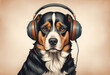 Dog wearing headphones, music lover pet, funny animal portrait. Bernese Mountain Dog listening to music. Useful for pet themes, animal humor, and music or audio concepts.