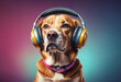 Dog wearing headphones, music lover pet, funny animal portrait. Bulldog listening to music. Useful for pet themes, animal humor, and music or audio concepts.