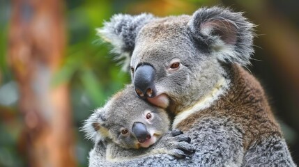 Wall Mural - adorable baby koala clinging to mother heartwarming wildlife portrait