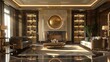© Bijac - art deco living room interior with fireplace and shelves luxurious modern home design 3d rendering