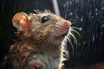 Drenched rodent mouse finding shelte in big city.