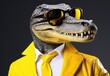 Alligator in sunglasses. Close-up portrait of an alligator. Anthopomorphic creature. A fictional character for advertising and marketing. A humorous character for graphic design.