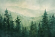 Larch trees and evergreens fill foggy forest with mountains in the background
