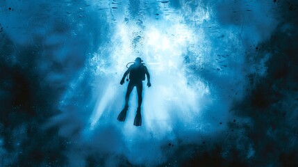 Wall Mural - Scuba diver swimming in the ocean depth. Concept of underwater adventure, marine life, and scuba diving tourism. Digital art