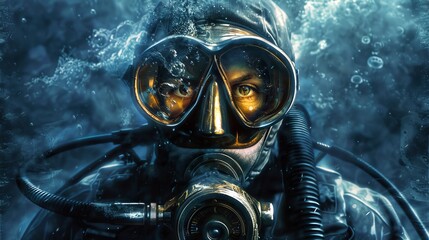 Wall Mural - Close-up of a diver wearing a scuba mask, surrounded by underwater bubbles. Intense gaze through a reflective mask. Concept of deep-sea exploration, adventure, and underwater