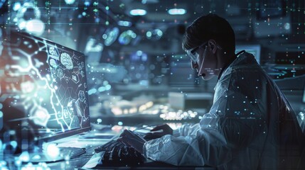 The person working on a computer with a background that includes abstract graphics of technology.