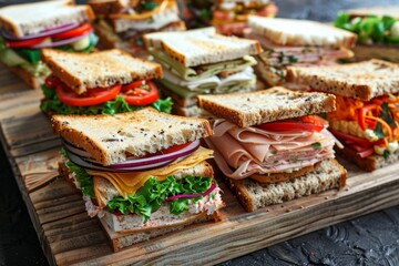 Poster - A variety of delectable sandwiches arranged beautifully on a rustic wooden board, showcasing a tantalizing assortment of fillings. Generative AI