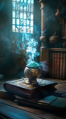 An ornate pot sits atop an aged book with intricate cover designs, on a wooden surface that suggests an antique setting, perhaps a study or library. A luminous, blue-hued mystical energy or smoke aris