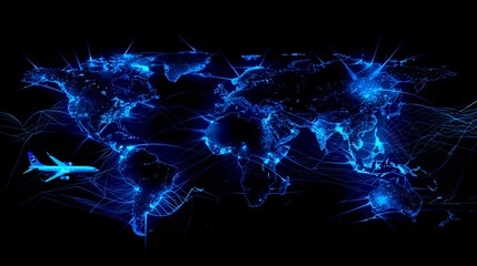 Wall Mural - digital world connectivity concept: glowing networks across a map, blue technology background illust