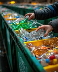 Circular economy, a close-up of hands sorting recyclables into bins with clear labels in a modern recycling facility.