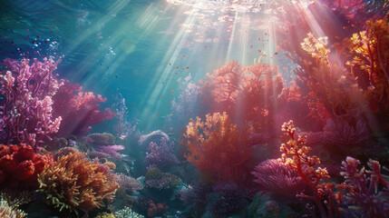 Wall Mural - Sun rays illuminate a vibrant underwater scene with a variety of colorful corals